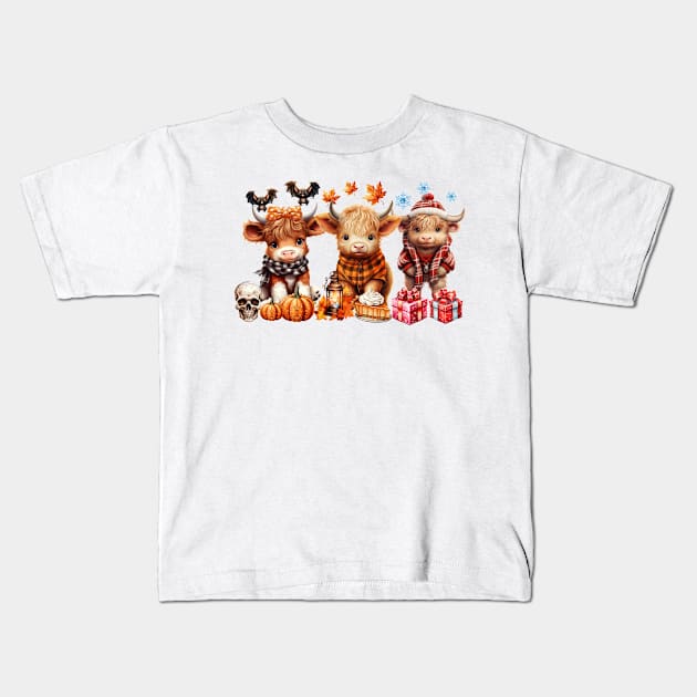 Happy Hallothanksmas Highland Cow #3 Kids T-Shirt by Chromatic Fusion Studio